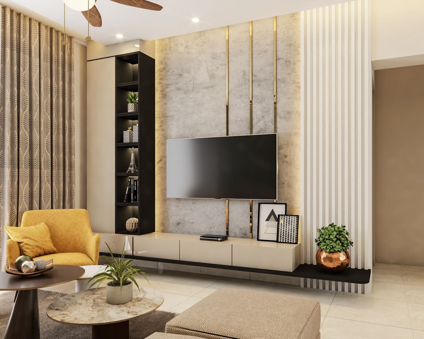 WallMounted TV With A Tall Storage Unit Livspace