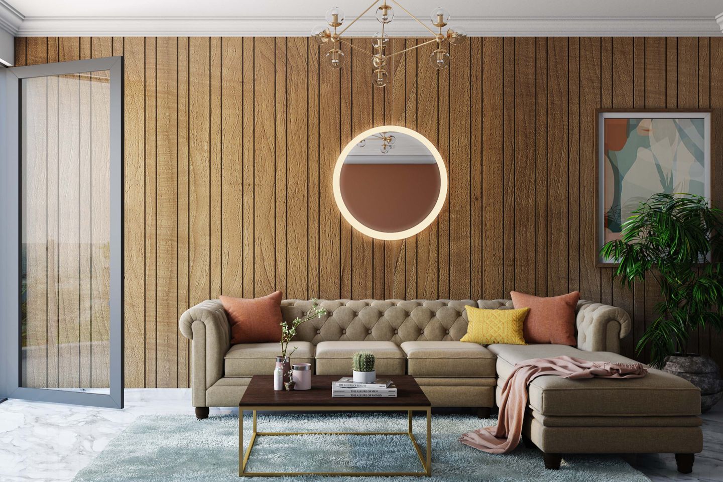Brown Wall Design With Wooden Panelling | Livspace
