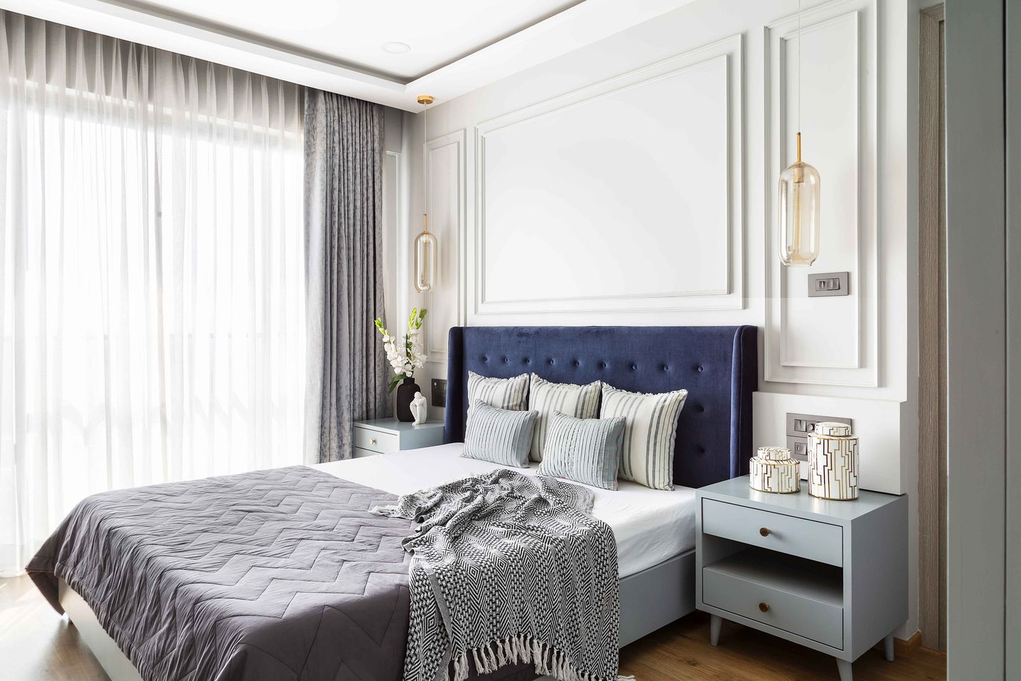 Bedroom Wall Design With Classic Wall Trims And Paint - Livspace