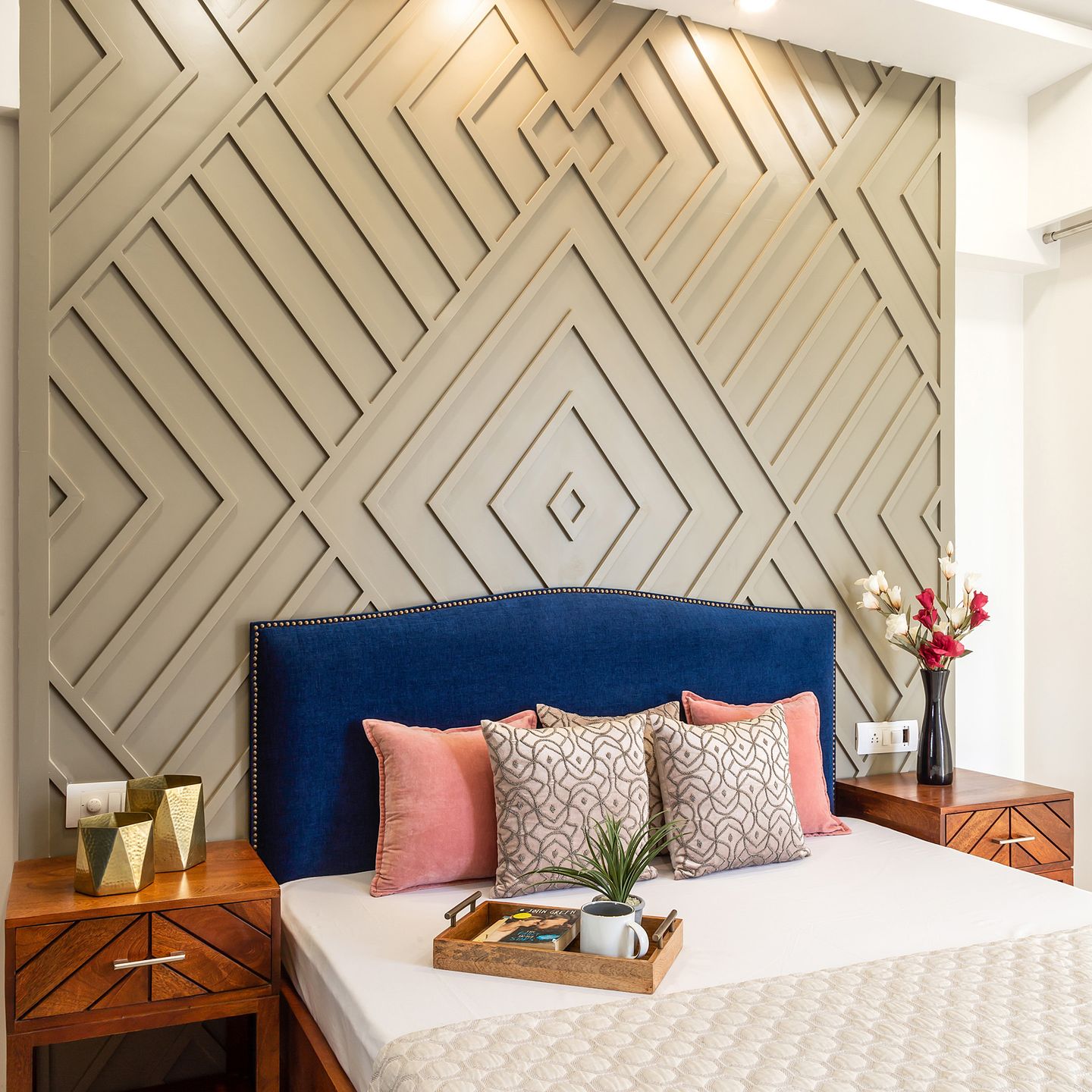 Bedroom Wall Design With Tan Classic Wall Trims And Paint - Livspace
