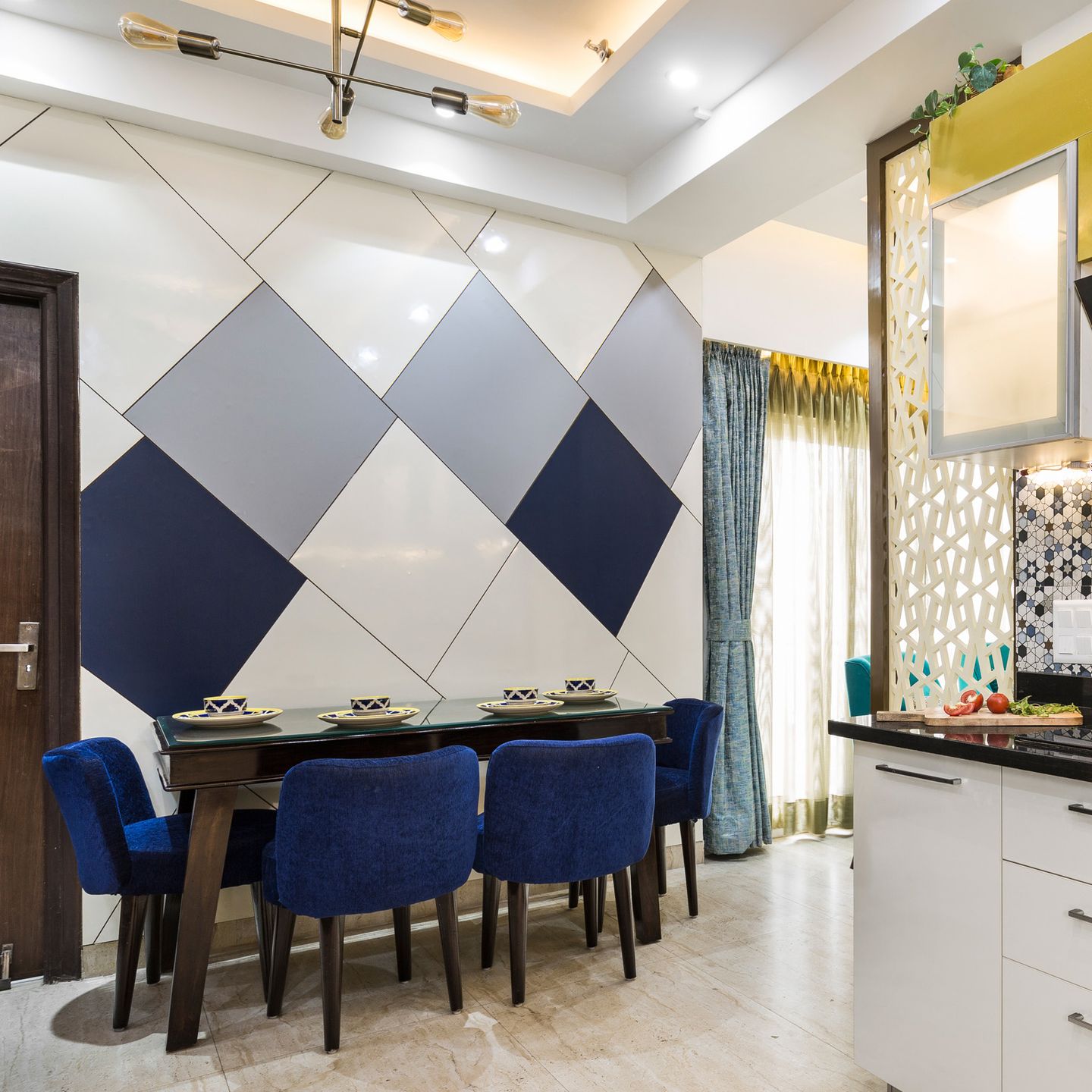 Blue White And Grey Wall Paint Design In Geometric Patterning - Livspace