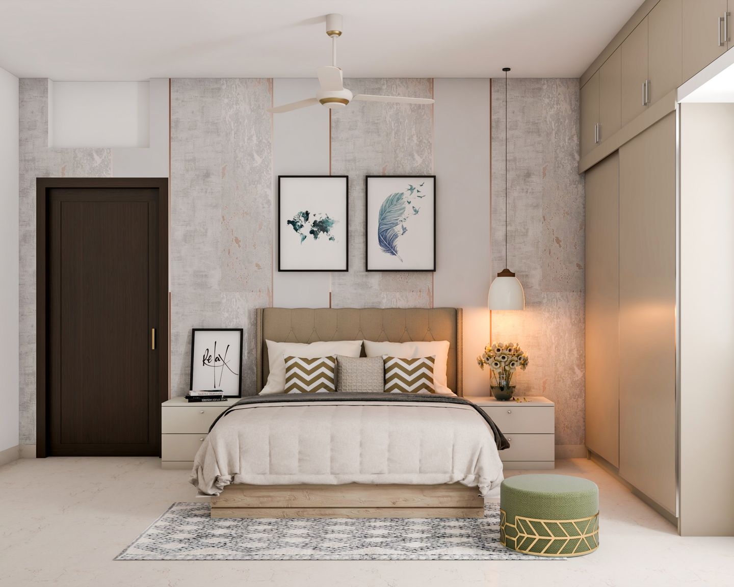 Photo inspiration: Textured Bedroom Apartment Renovation Reference: Light Grey Wallpaper Design With A Textured Finish