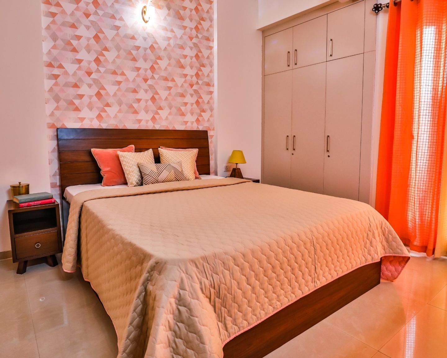 Orange, White, And Grey Wallpaper For Bedroom | Livspace