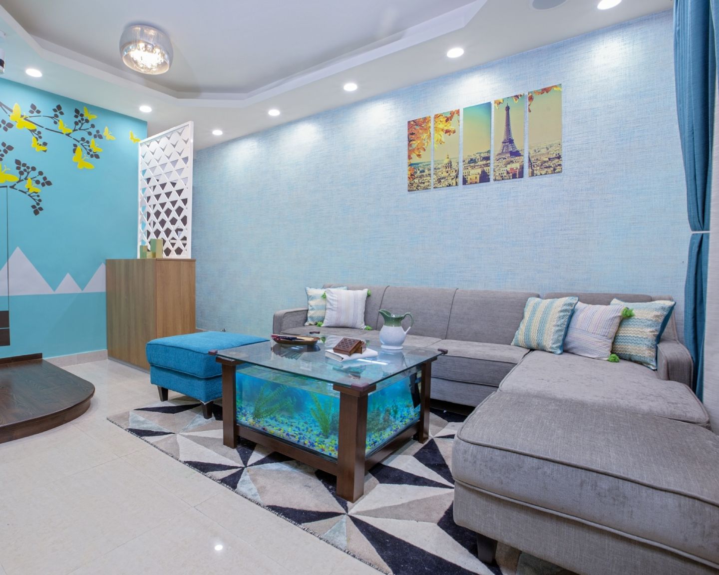 Modern Blue Grasscloth Living Room Wallpaper Design
