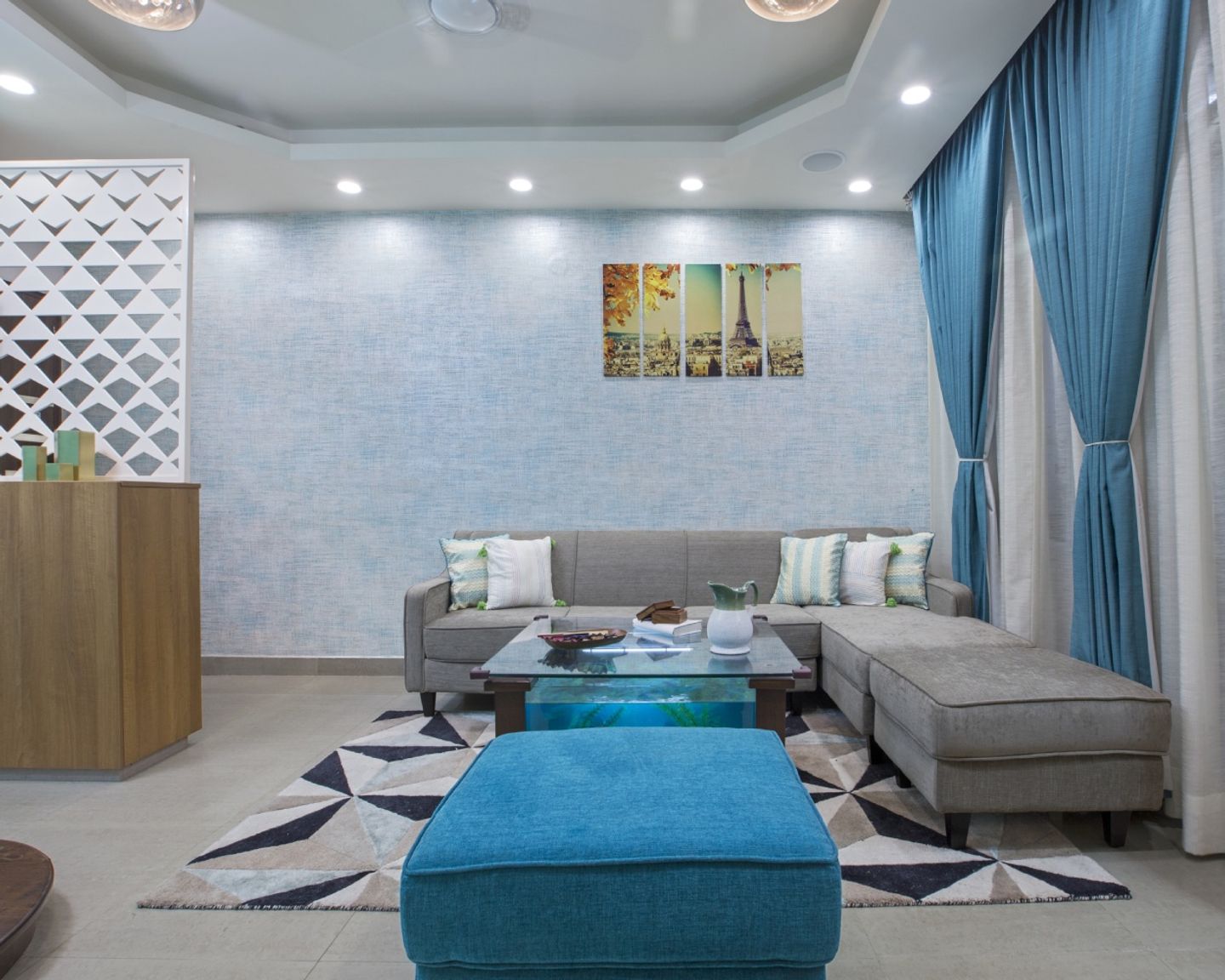 Blue Textured Wallpaper Design For Living Room - Livspace