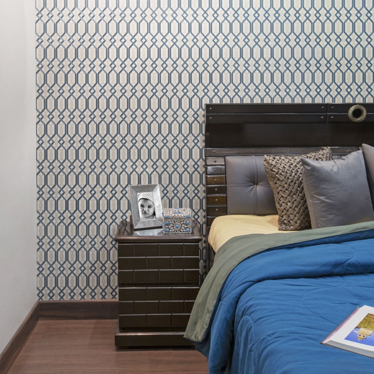 White And Blue Patterned Wallpaper Design For Headboard Walls Livspace