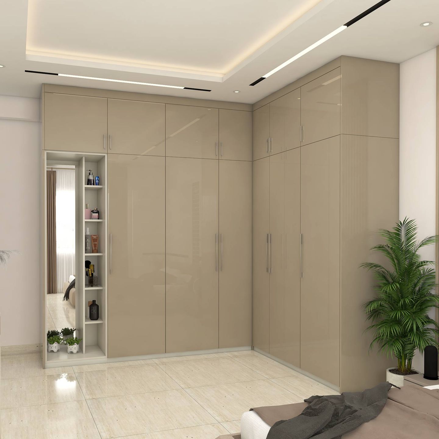 L-Shaped Swing Wardrobe Design With Loft Storage - Livspace