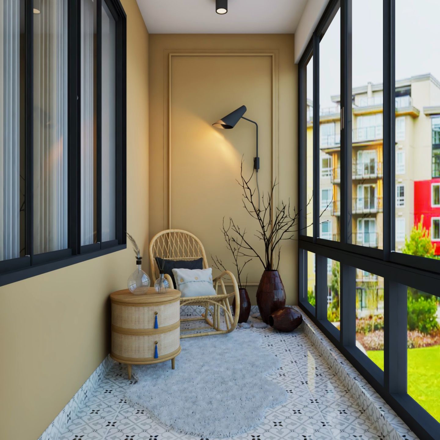 Closed Balcony Design With Beige Wall Paint And Trims | Livspace