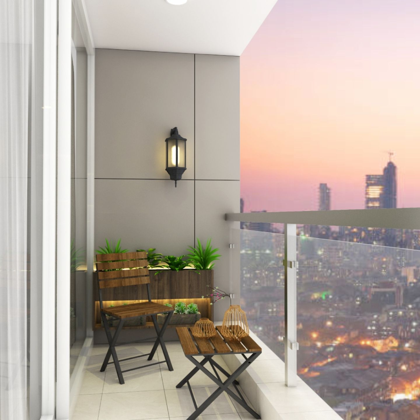 Spacious Grey And Beige Balcony Design With Wooden Furniture And Wall ...