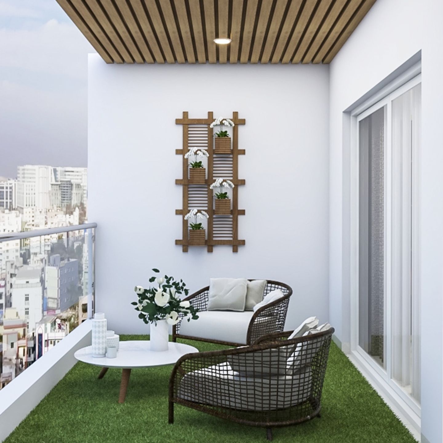 Compact Balcony Design With Green Grass Mat And Wooden False Ceiling ...