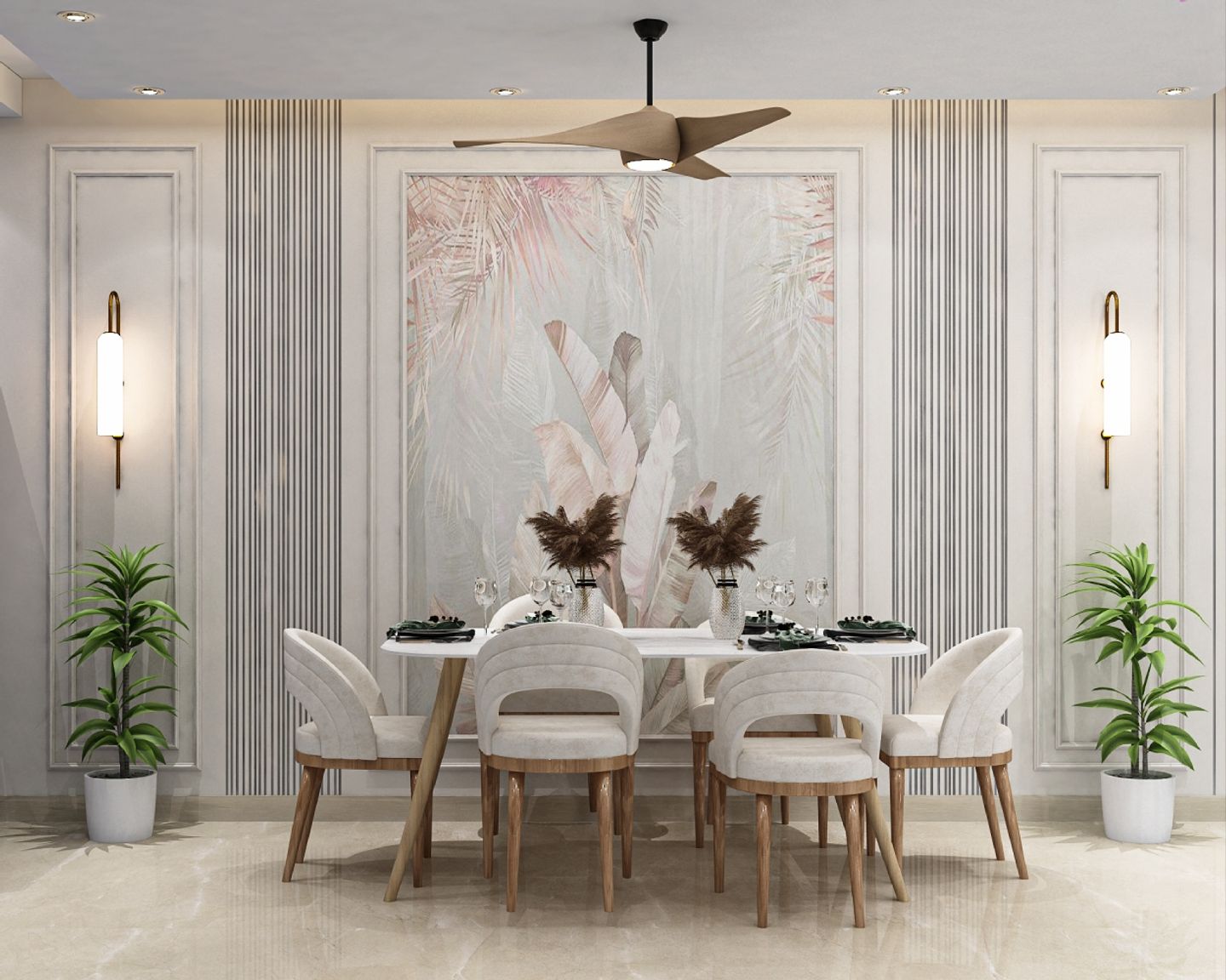 White Dining Table, Chairs and Wall Trims: Contemporary Dining Room ...