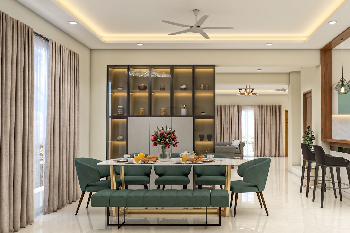Spacious Green And Gold Dining Room Design With Large Crockery Unit ...