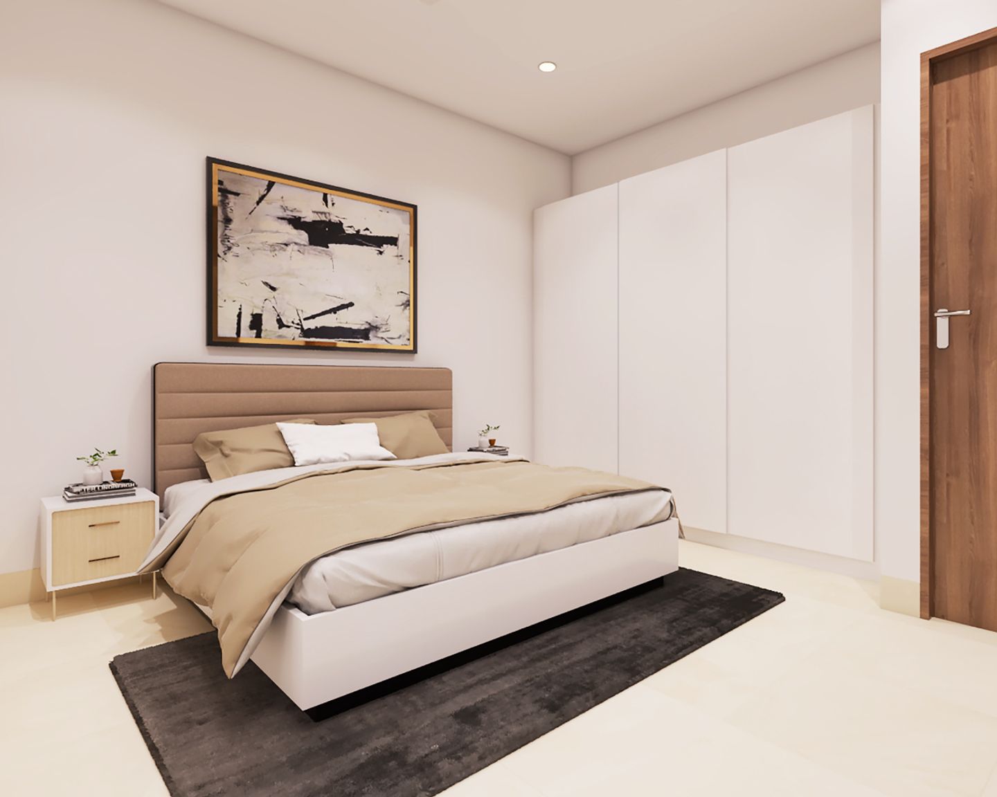 Minimalist Beige Guest Room Design With Beige Queen-Size Bed and ...