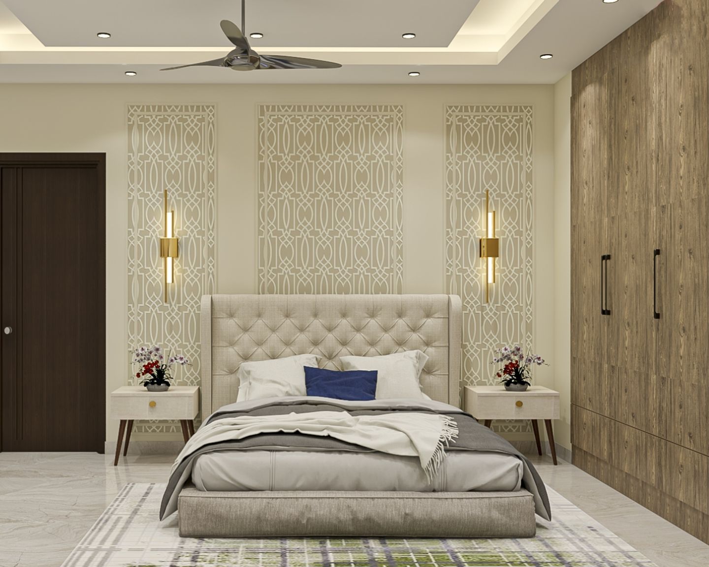 Contemporary Beige Guest Room Design With Abstract Panelled Wallpaper ...
