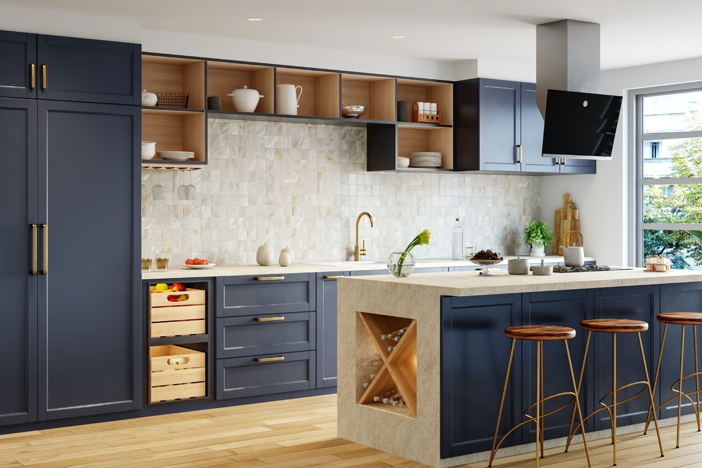 Modular Island Kitchen Design In Dark Blue And Beige With Wooden ...