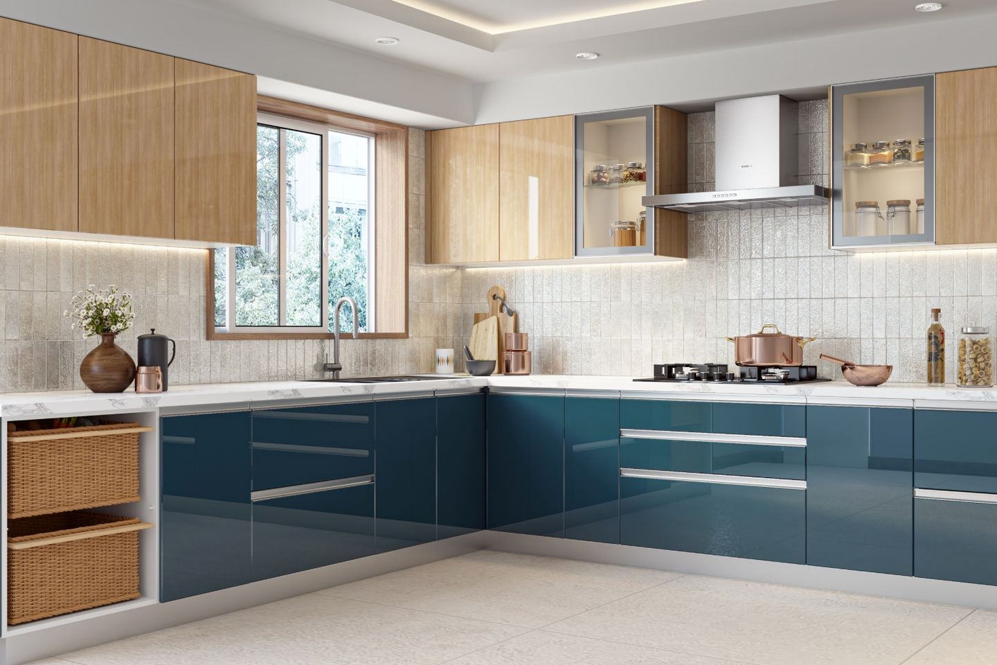 Modern L-Shaped Kitchen Design with Quartz Countertop and Backsplash ...