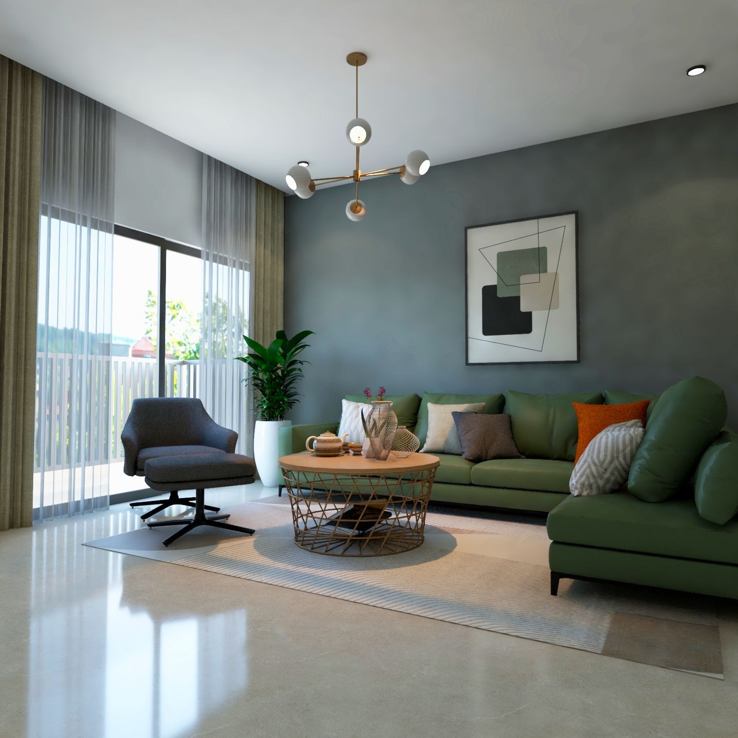 Vibrant Contemporary Living Room with Olive Green Sectional Sofa | Livspace