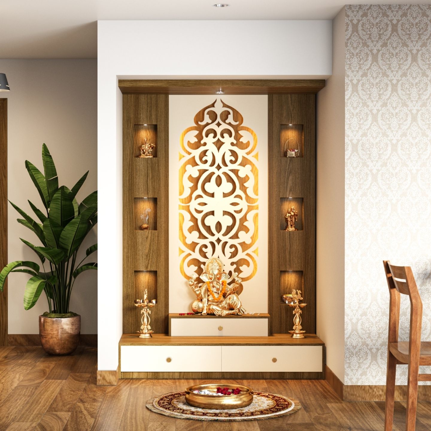 CNC Cut Panel Contemporary Pooja Unit Design with Drawers and Open Door ...