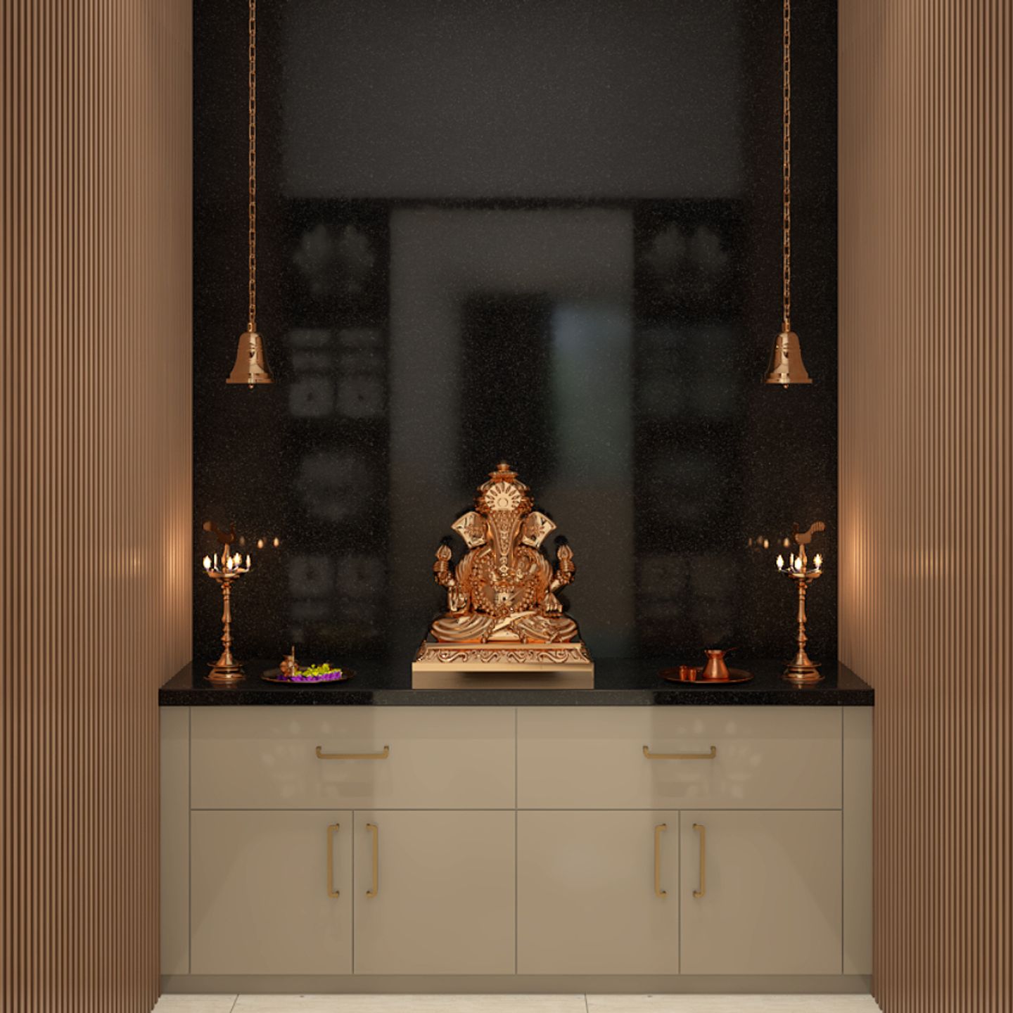 Spacious Grey And Black Pooja Room Design With Wooden Doors And Fluted ...