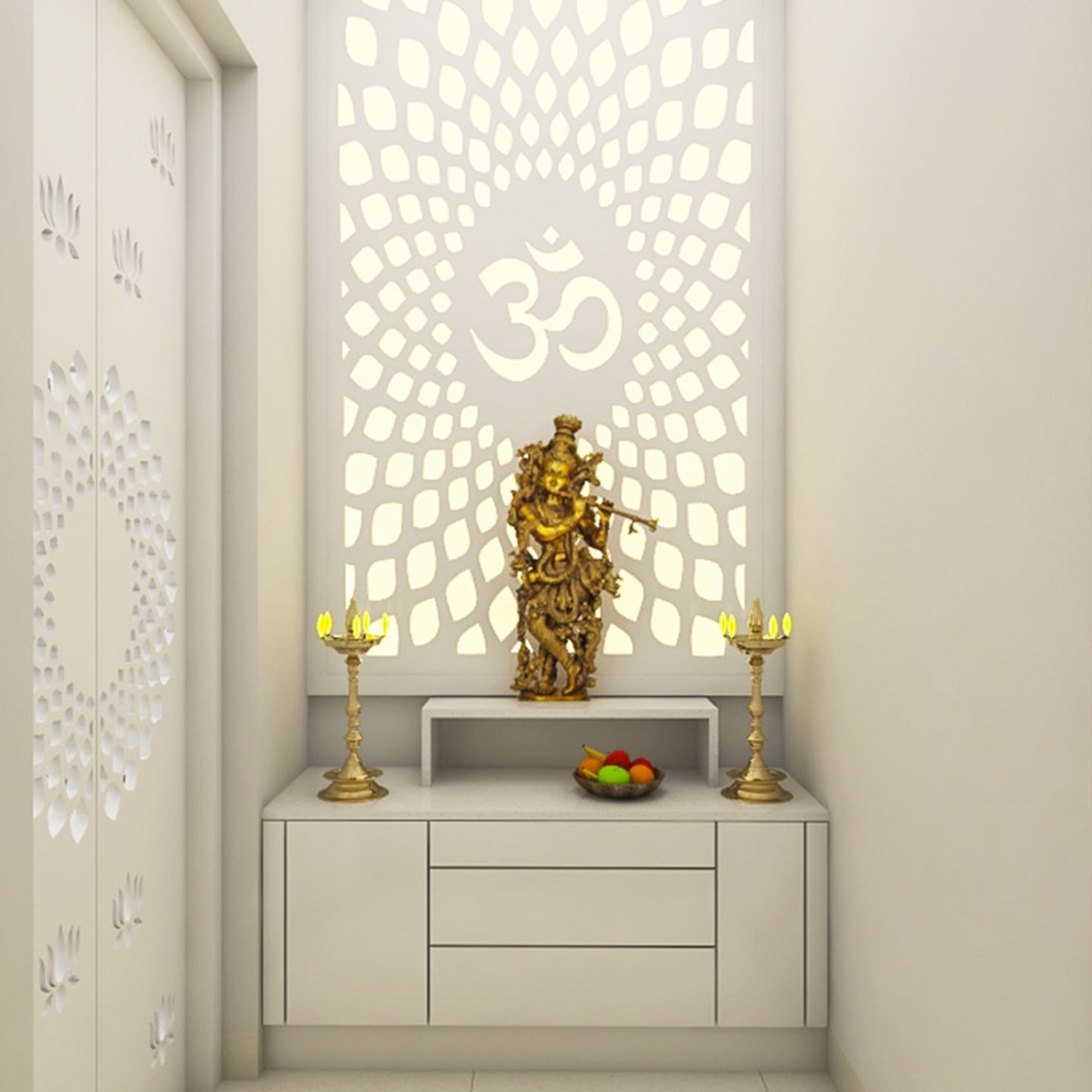 White Wall-Mounted Mandir Design With Drawer Storage | Livspace