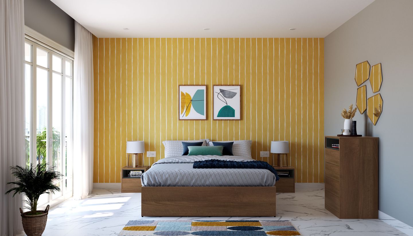 Yellow and Cheerful: Modern Guest Bedroom Design With Queen Bed | Livspace