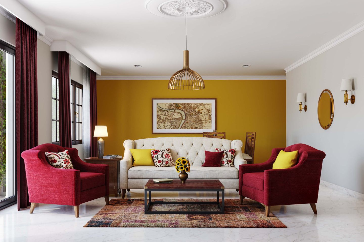 Bright Yellow Wall Paint Design For Living Rooms | Livspace