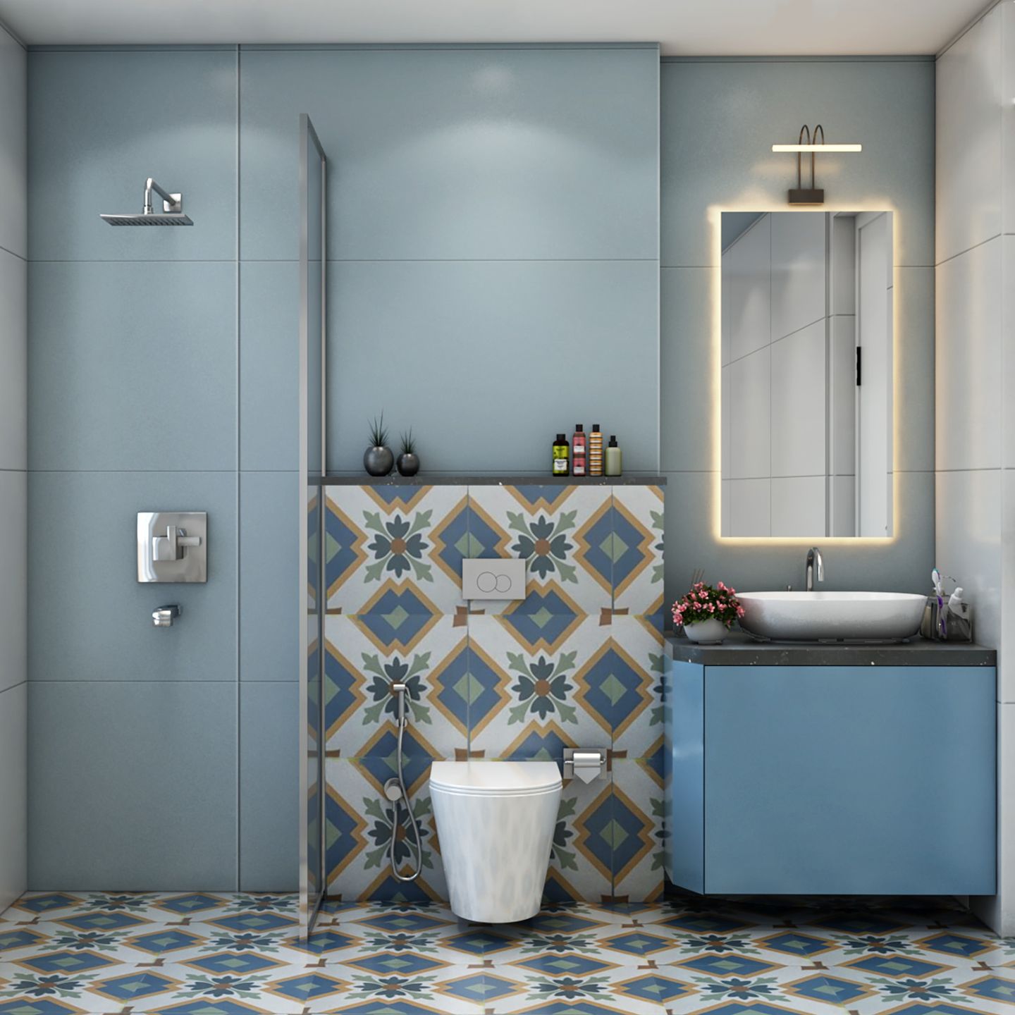 Ceramic Matte Multicoloured Bathroom Tile Design With Blue Rectangular Wall Tiles | Livspace
