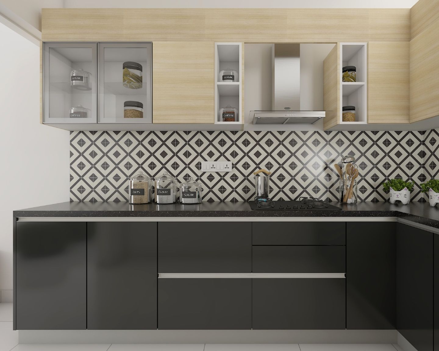 Geometric Black And White Kitchen Tile Design | Livspace