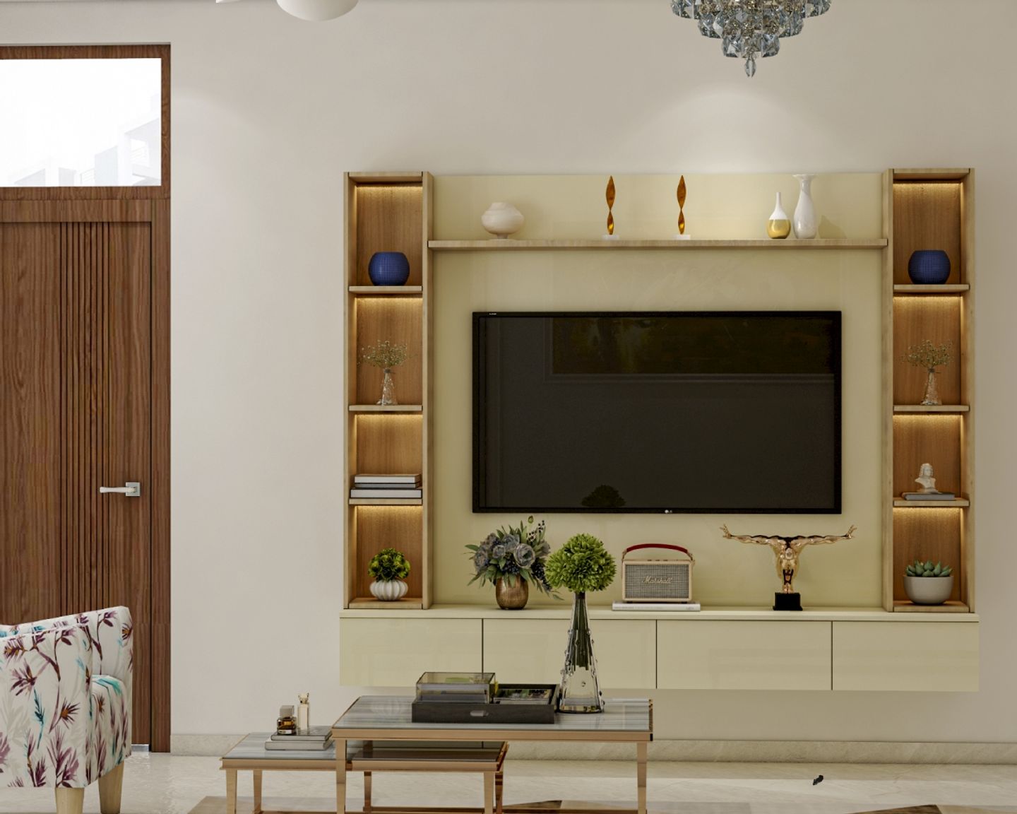 White And Wood Wall-Mounted TV Unit Design With Open Wooden Shelves ...