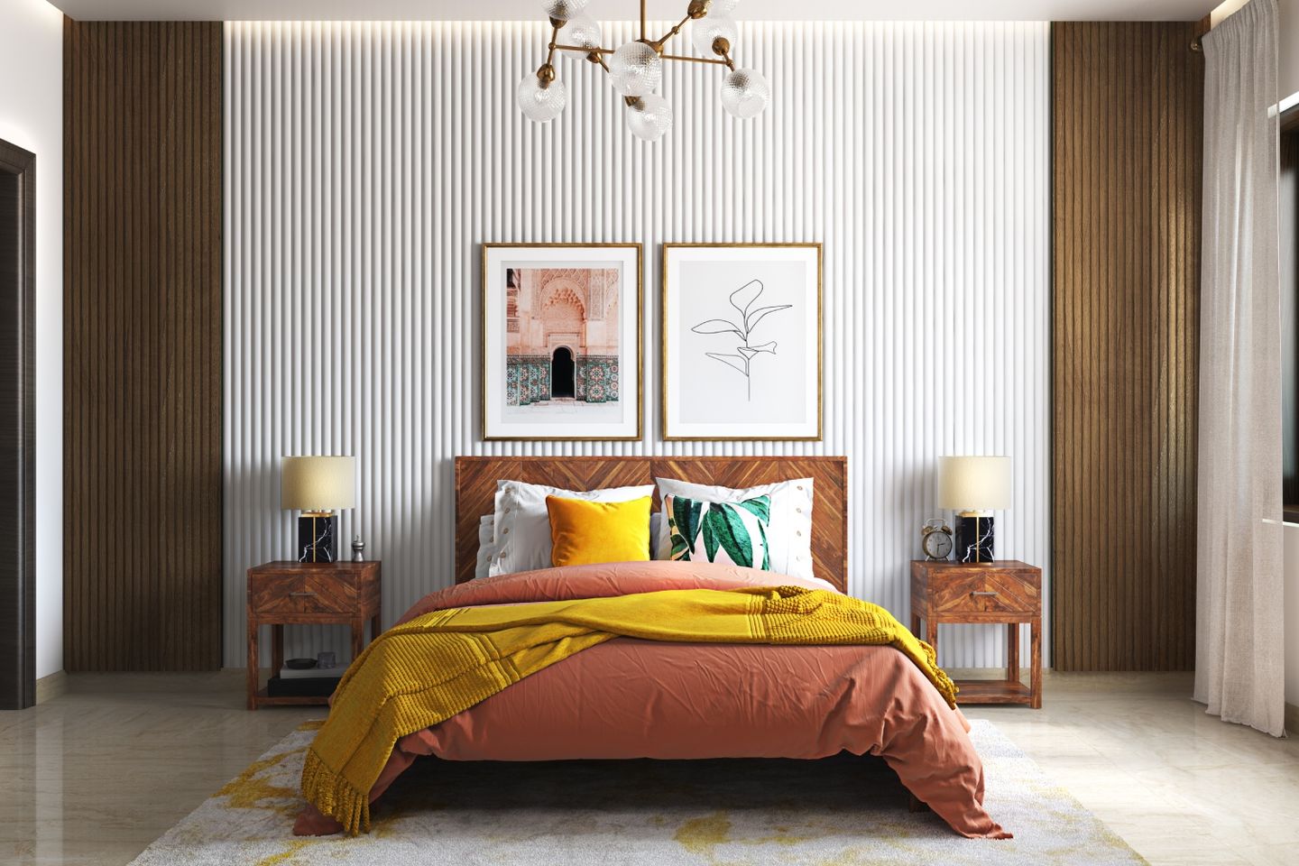 Wooden and White Fluted Wall Panels Modern Wall Design for Bedroom