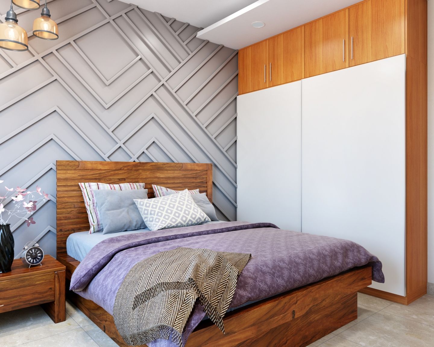 Grey 3D Wall Panelling With Modern Aesthetics For Bedroom Design | Livspace