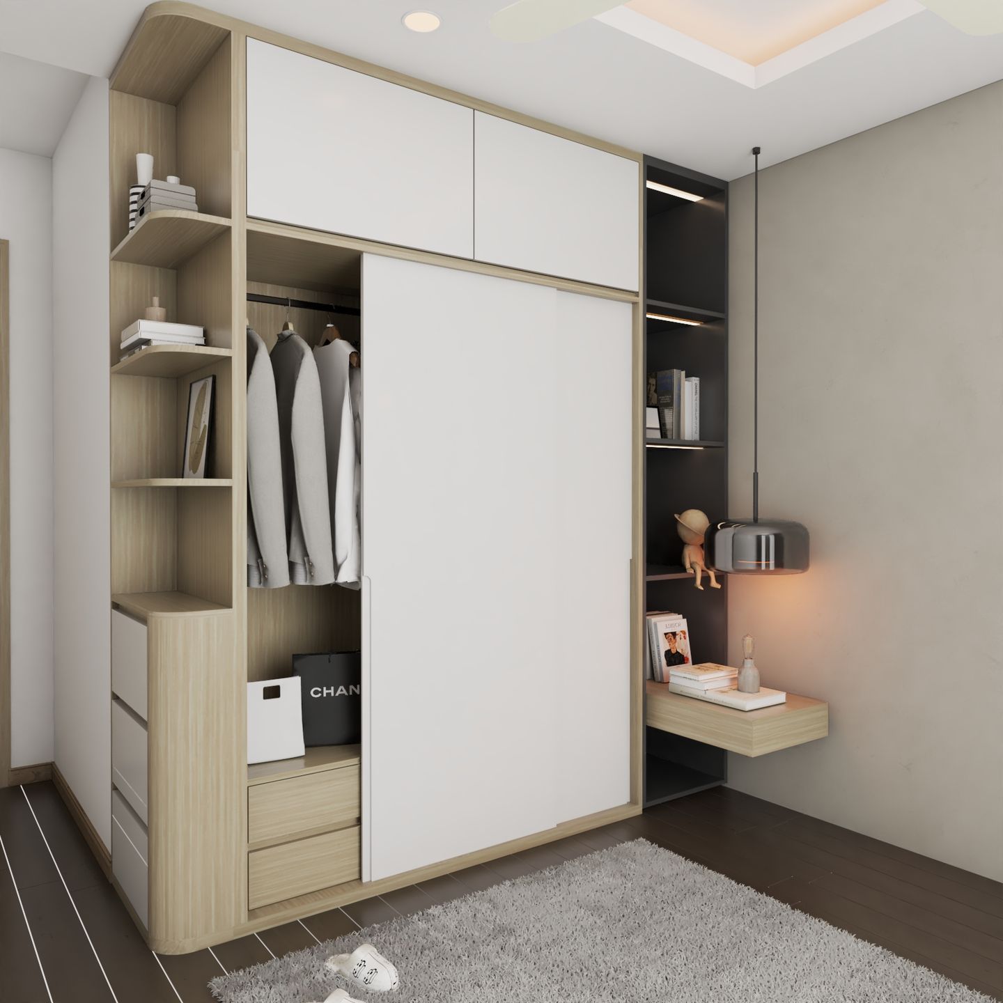 White And Wood 2-Door Sliding Door Wardrobe Design With Open Shelf ...