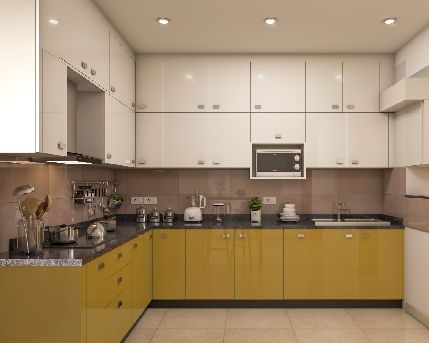 Premium Kitchen with Mustard Yellow Finishes - Livspace