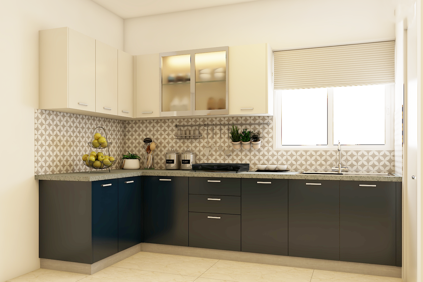 Modular Kitchen Design With Patterned Dado And Glass Cabinets 