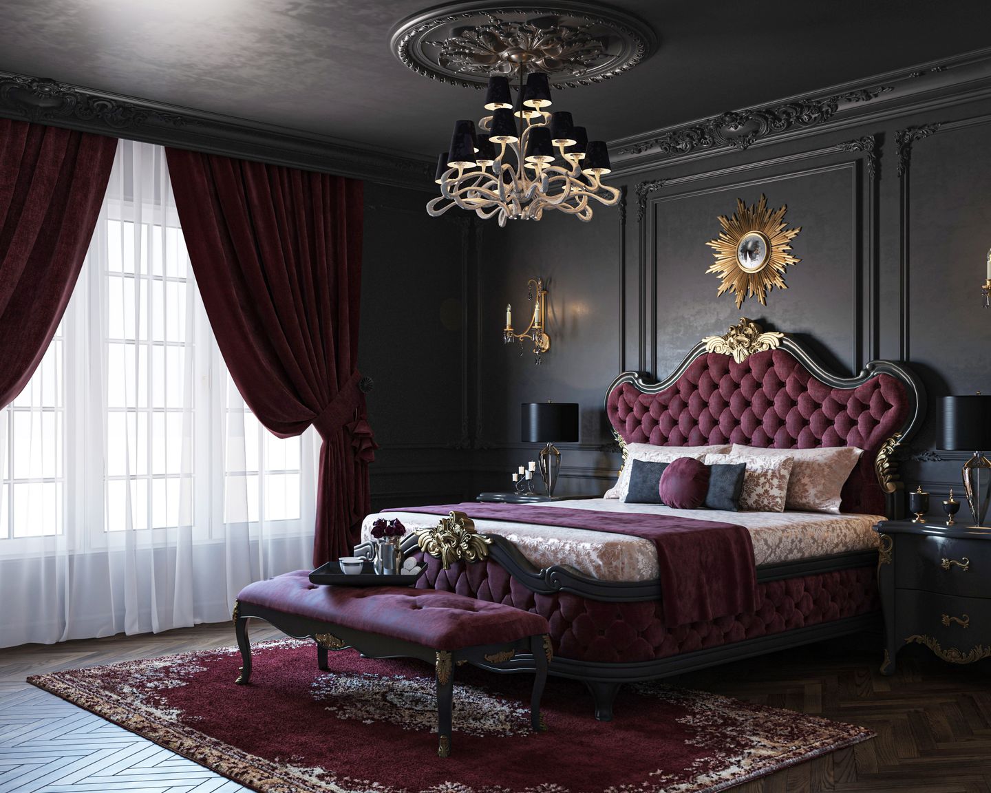 Spacious Dark Grey And Maroon Master Bedroom With Textured Wall Paint 