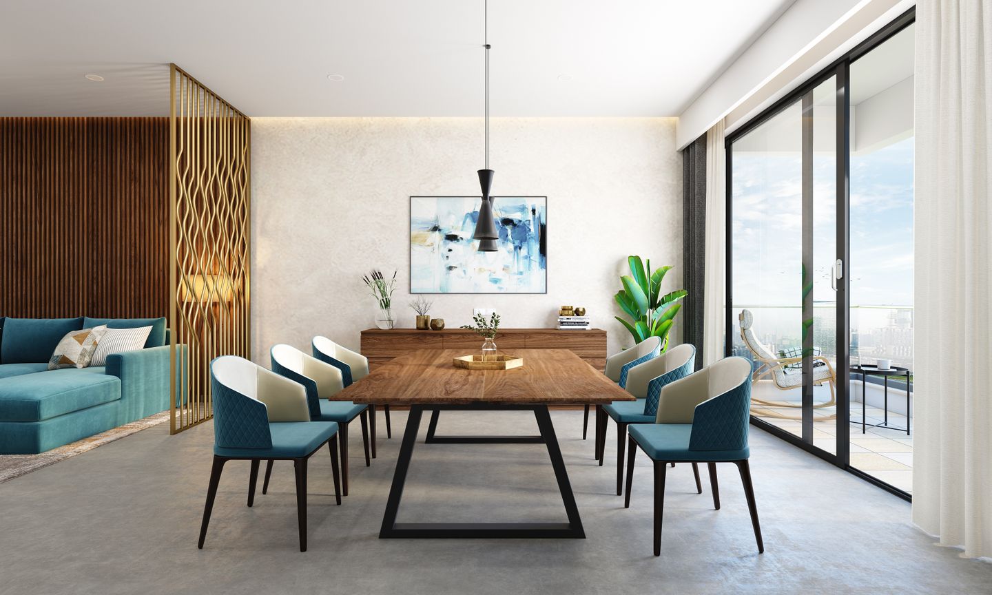 Well-Ventilated Dining Room With Six-Seater Dining Table - Livspace