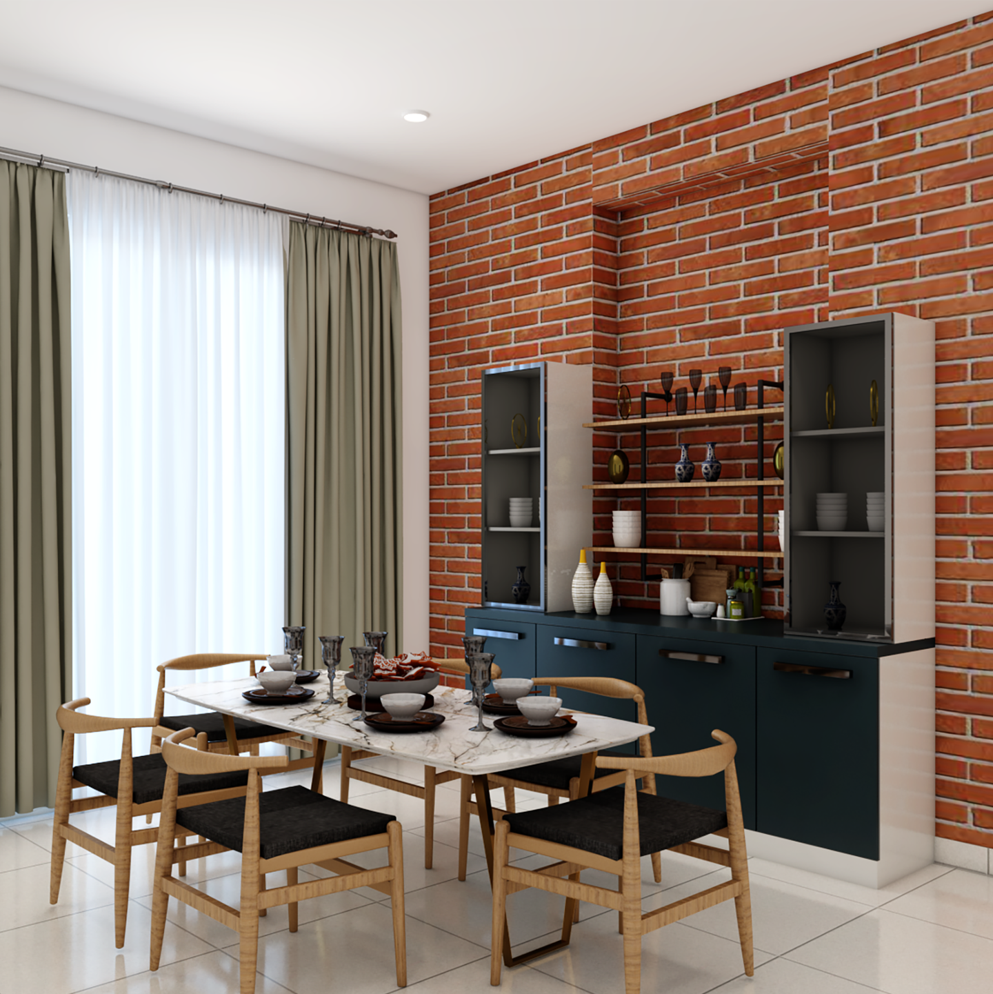 Unique Six-Seater Dining Room With Brick Themed Wall - Livspace