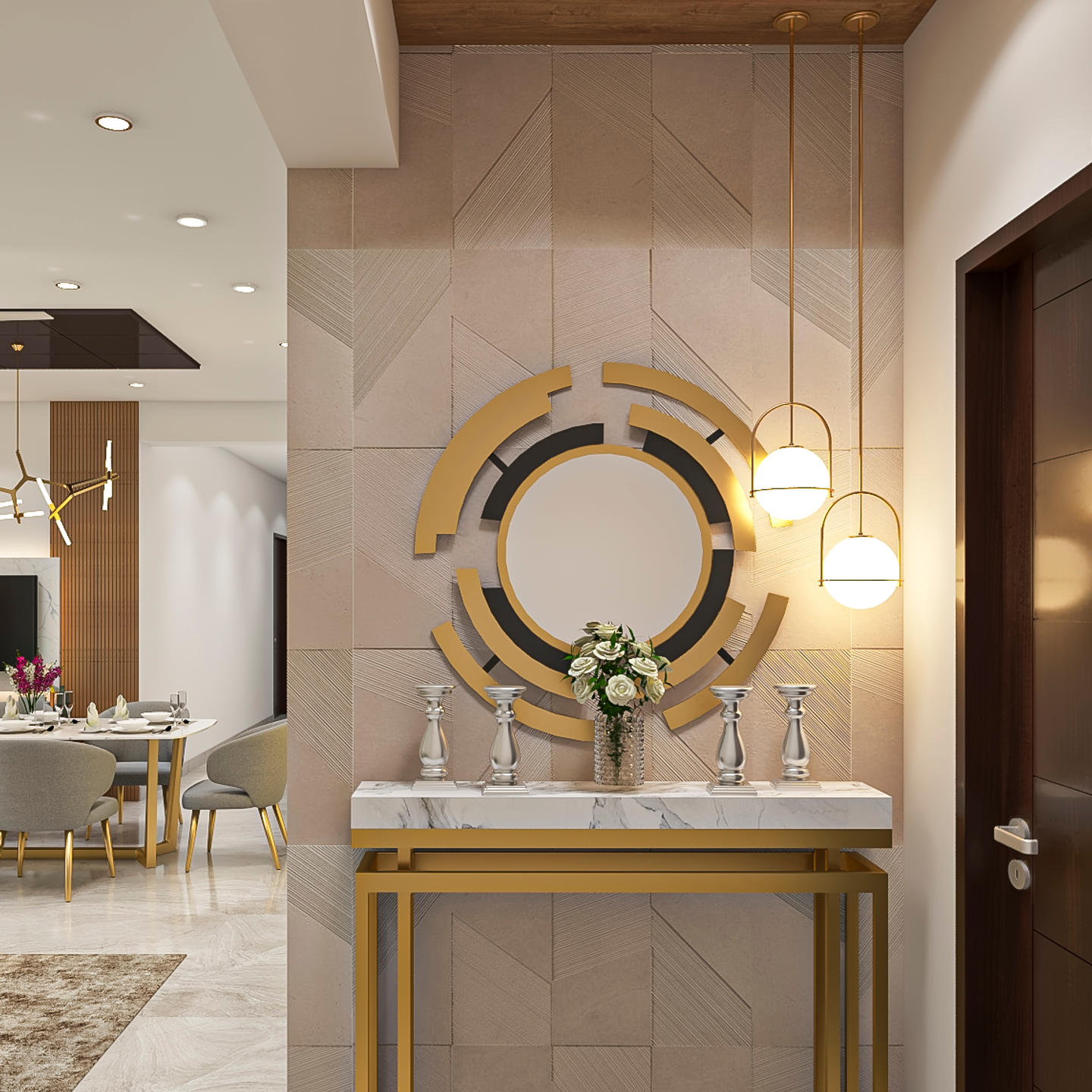 Luxurious Foyer Design With Round Mirror - Livspace