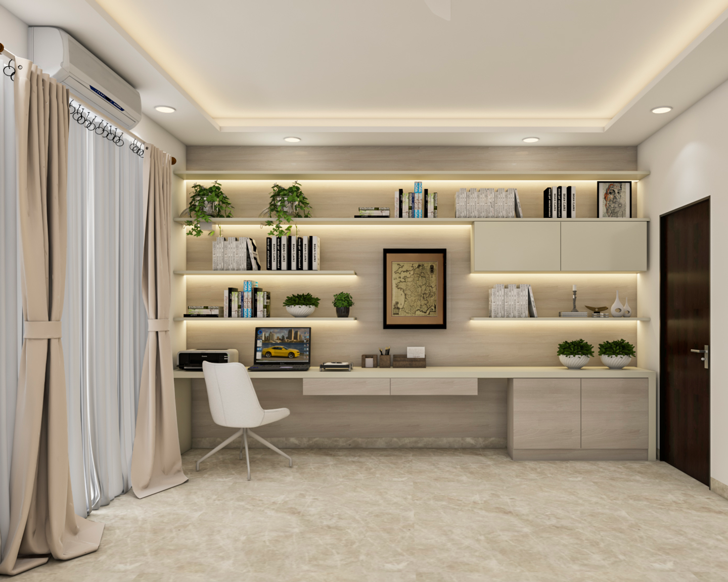 Open Shelves Modern Spacious Home Office Interior Design - Livspace