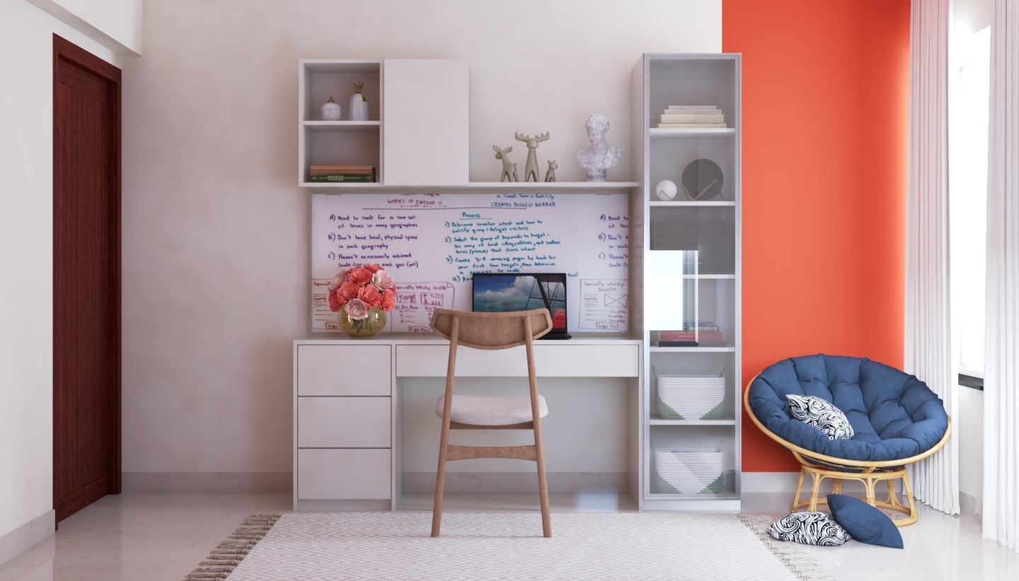 White Modern Spacious Home Office Interior Design with Orange Wall - Livspace