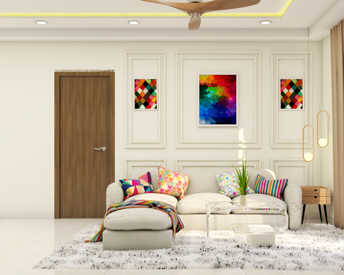 Neutral-Coloured Convenient Living Room - Livspace