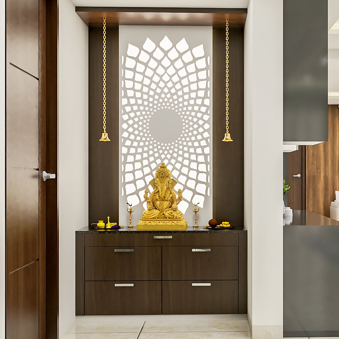 Classic Compact Pooja Room Design with Jali Pattern Backlighting - Livspace