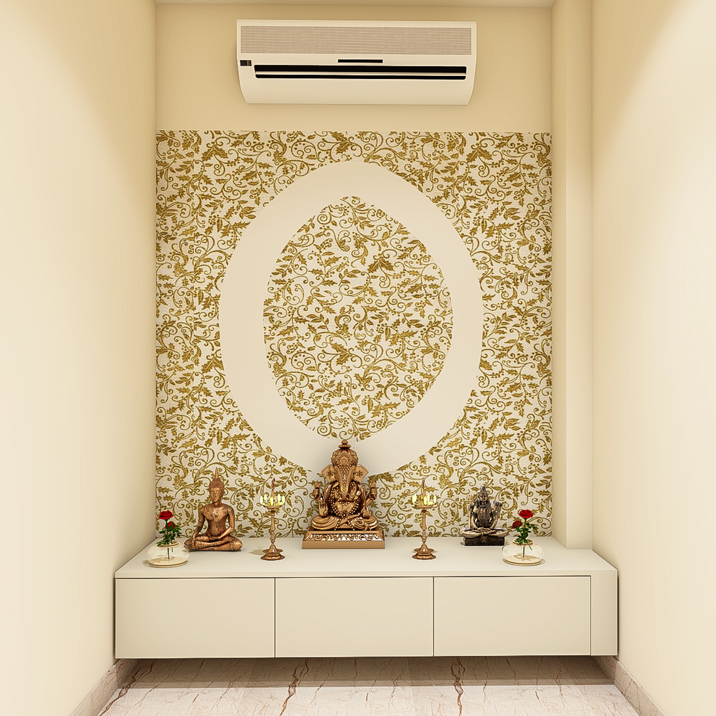 Patterned Wall Pooja Room Design with Storage Pooja Unit - Livspace
