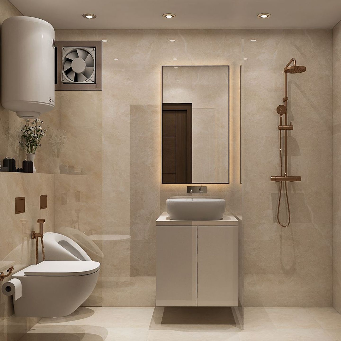 Spacious Small Bathroom Design Idea With Copper Sanitary Fittings ...