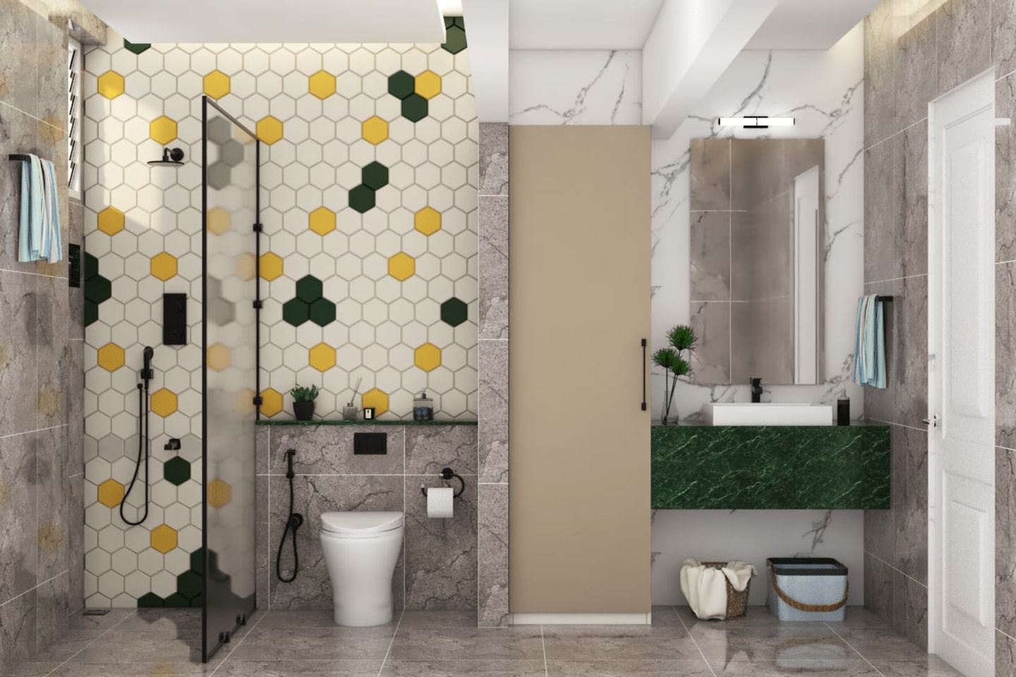 Spacious Bathroom Design With Hexagonal Tiles And Green Marble Finishes ...