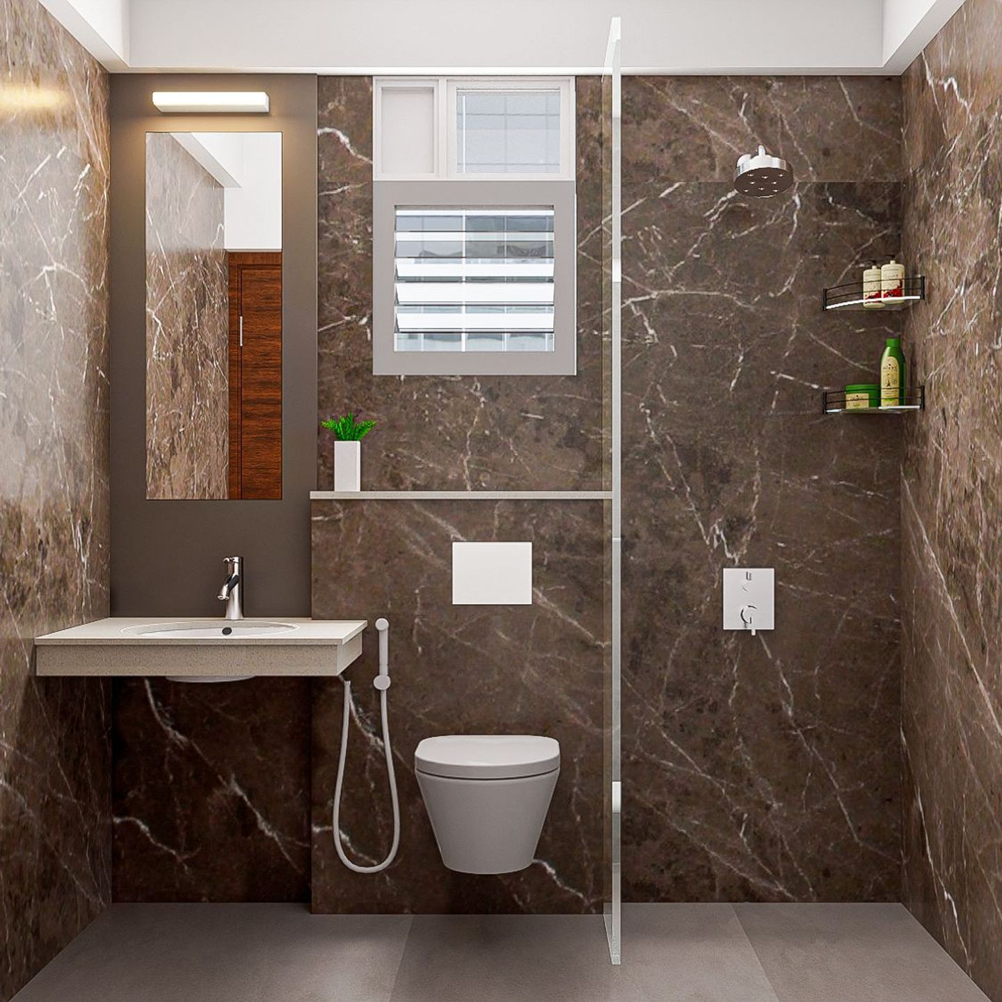 Modern Compact Bathroom Design With Brown Interiors Livspace