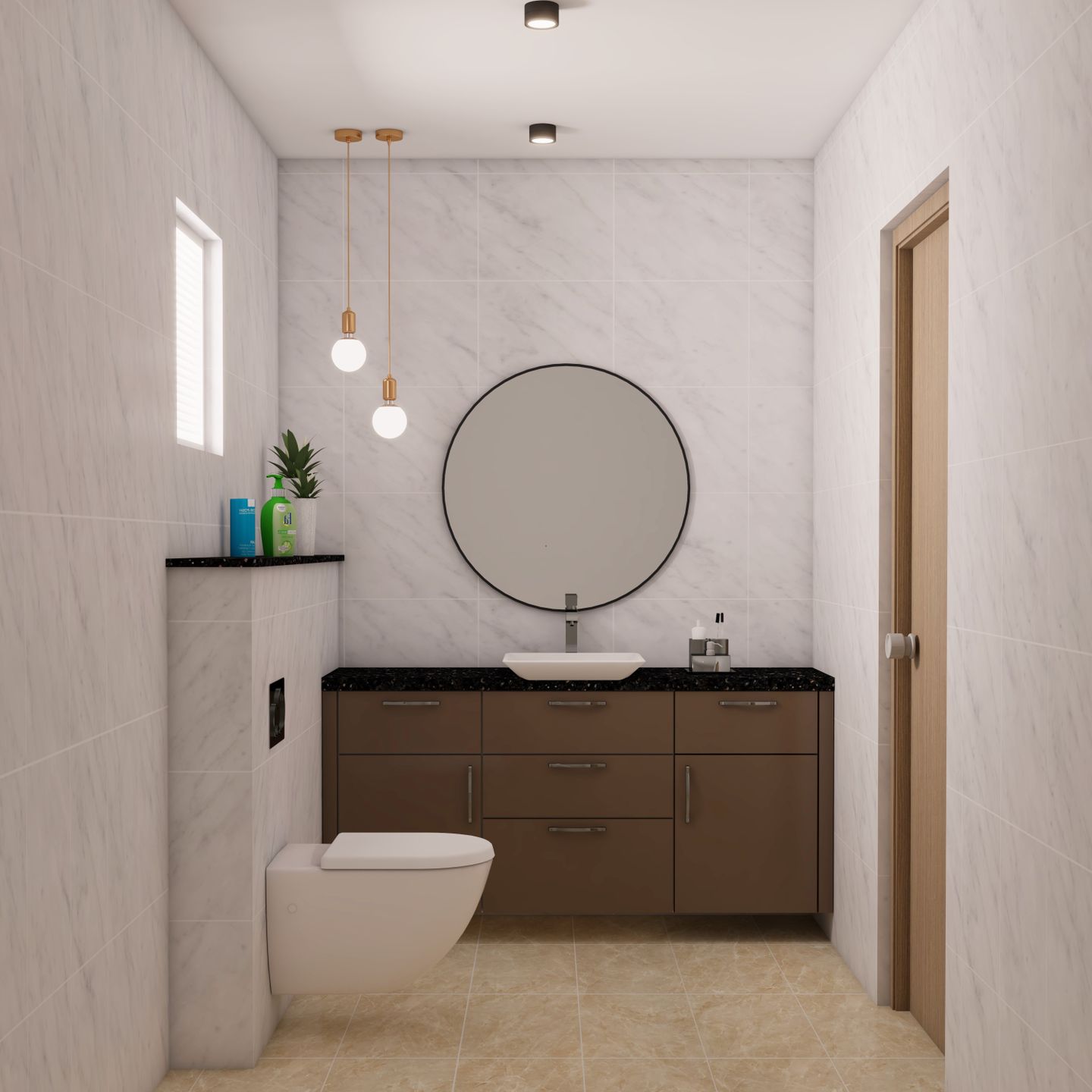 Contemporary White And Brown Bathroom Design With Brown Unit And Round Mirror - Livspace