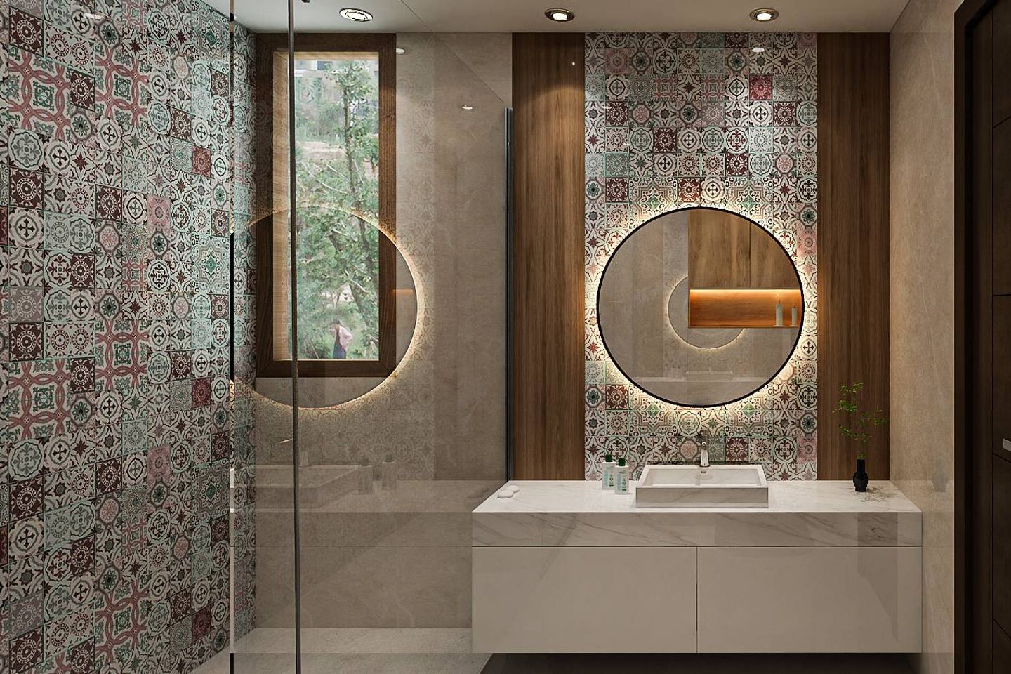 Modern Bathroom With Multicoloured Tiles – Livspace