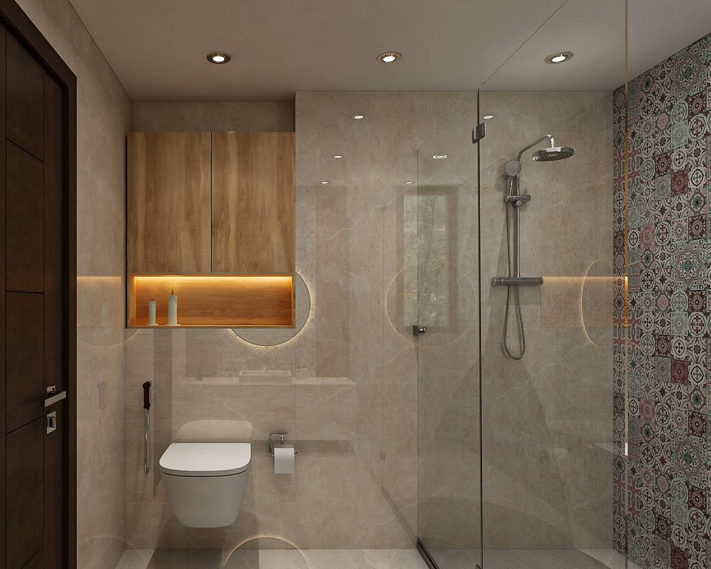 Modern Styled Spacious Bathroom Design With Multicoloured Wall Tiles