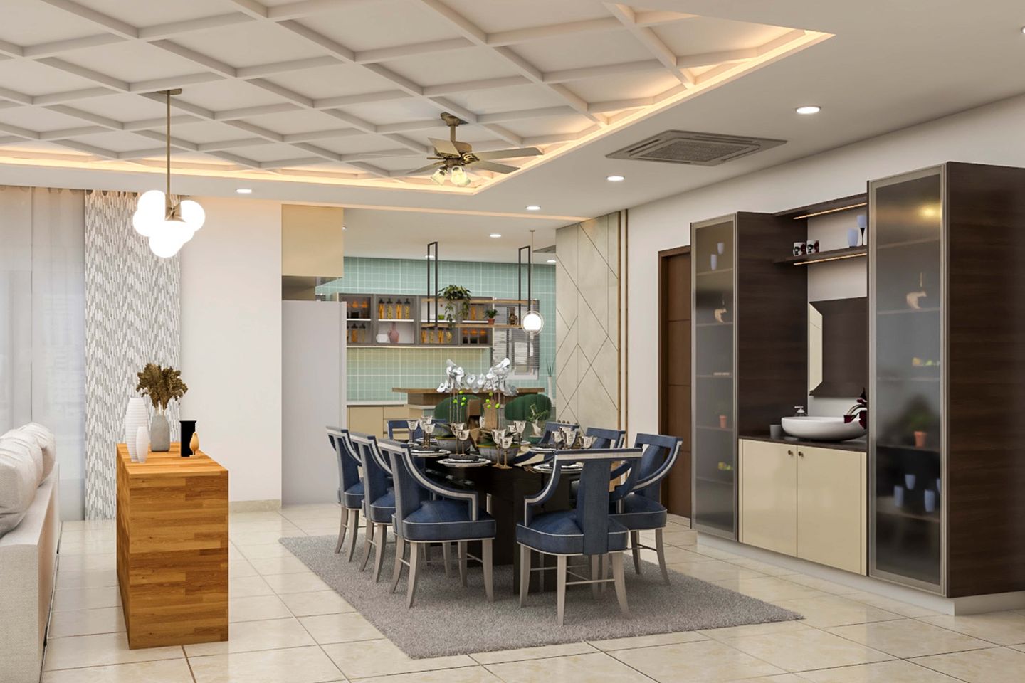 Contemporary 8-Seater Blue Dining Room Design | Livspace